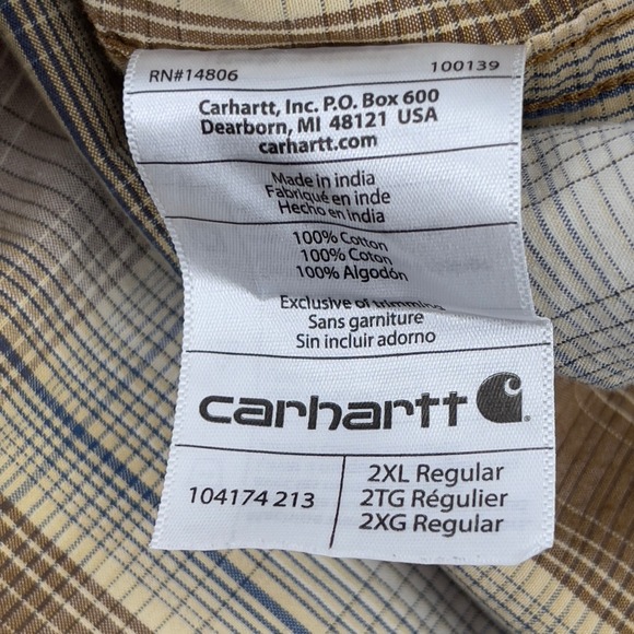 Carhartt Mens 2XL Relaxed Fit Short Sleeve Plaid Button Down Shirt Brown‎ - Picture 5 of 6